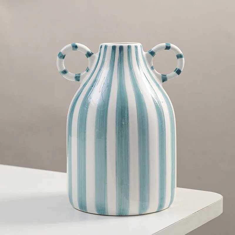 Nordic Style Art Vase Ornament Double Ear Striped Ceramic Vase Hydroponic Flower Cutting Bottle Home Decoration Flowerpot Y260314