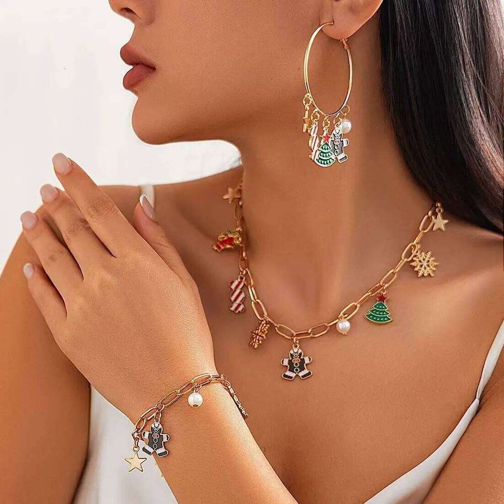 KunJoe Trendy Christmas Tree Snowflake Pendant Necklace Bracelet Hoop Earring Women New Year Jewelry Set Gift Clavicle Chain Z260313