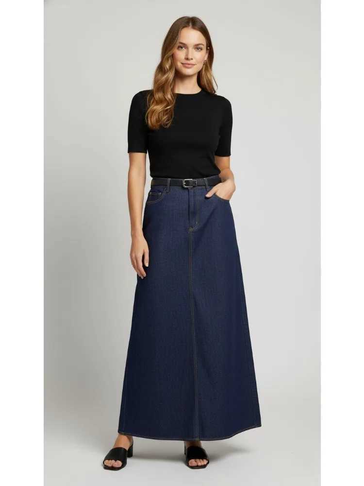 2026 New Womens Dark Blue Denim Skirt Zippered High Waist Pockets A-Line Ankle-Length Skirts Casual Commuter Bottoms M260314