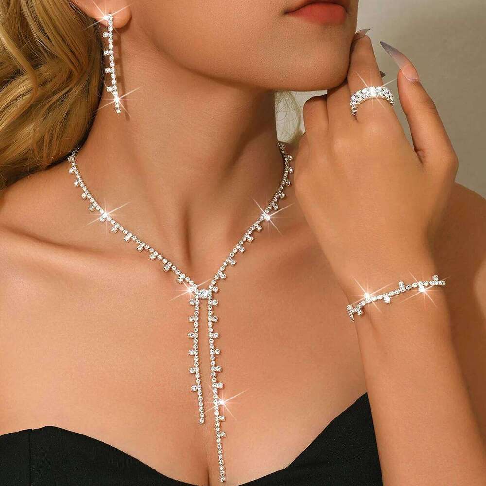 Black Rhinestone Tassel Jewelry Set Y-Necklace Earrings Ring Bracelet Evening Party Shiny Accessories Z260313