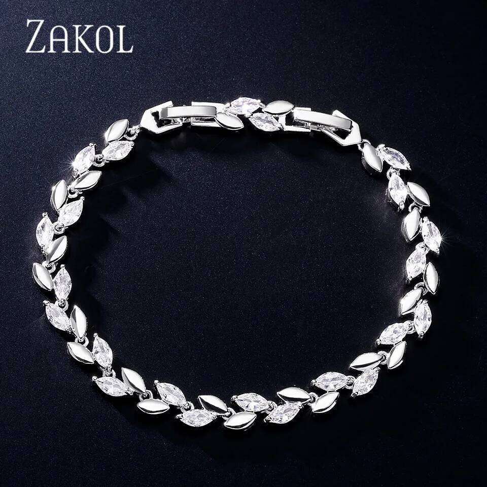ZAKOL New Trendy Leaf Shaped Cubic Zirconia Bracelet for Women Silver Gold Color Wedding Bride Jewelry Stylish Accessories Z260313