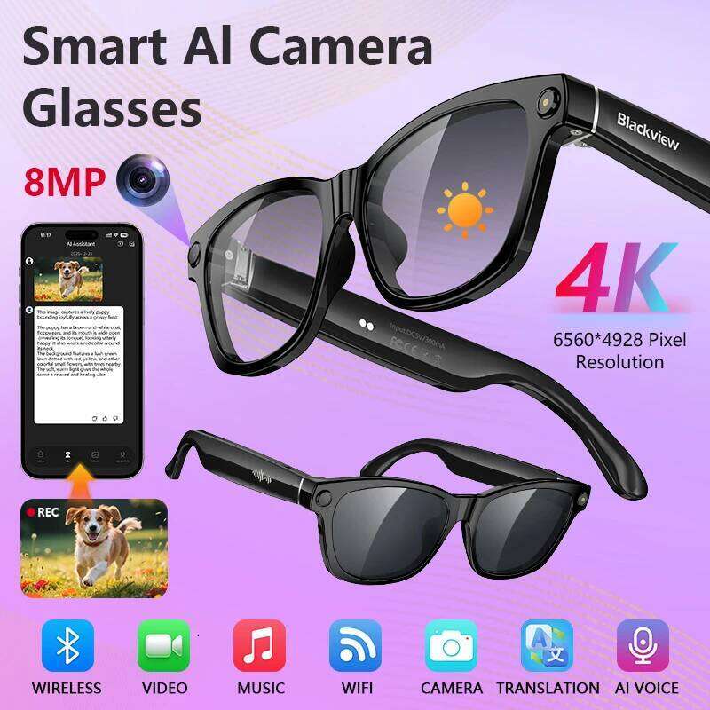 Blackview Bv100 AI Smart Glasses 800W Pixels 2K HD Camera Bluetooth Call Voice Assistant Translation Speakers&Mic Sunglasses