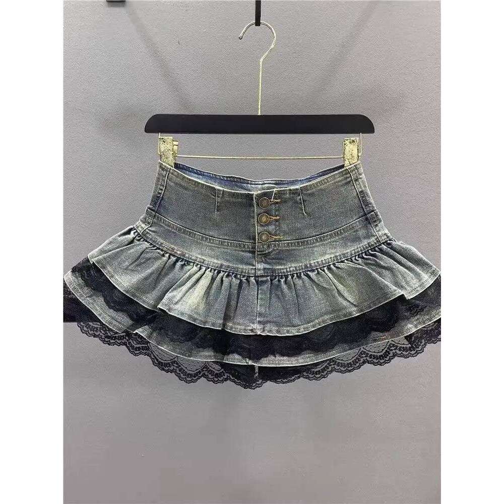Woman Vintage Denim Pleated Lace Fold Design A-line Short Skirt Built in Shorts American Spicy Girl Korea Fashion Hotsweet Z260314