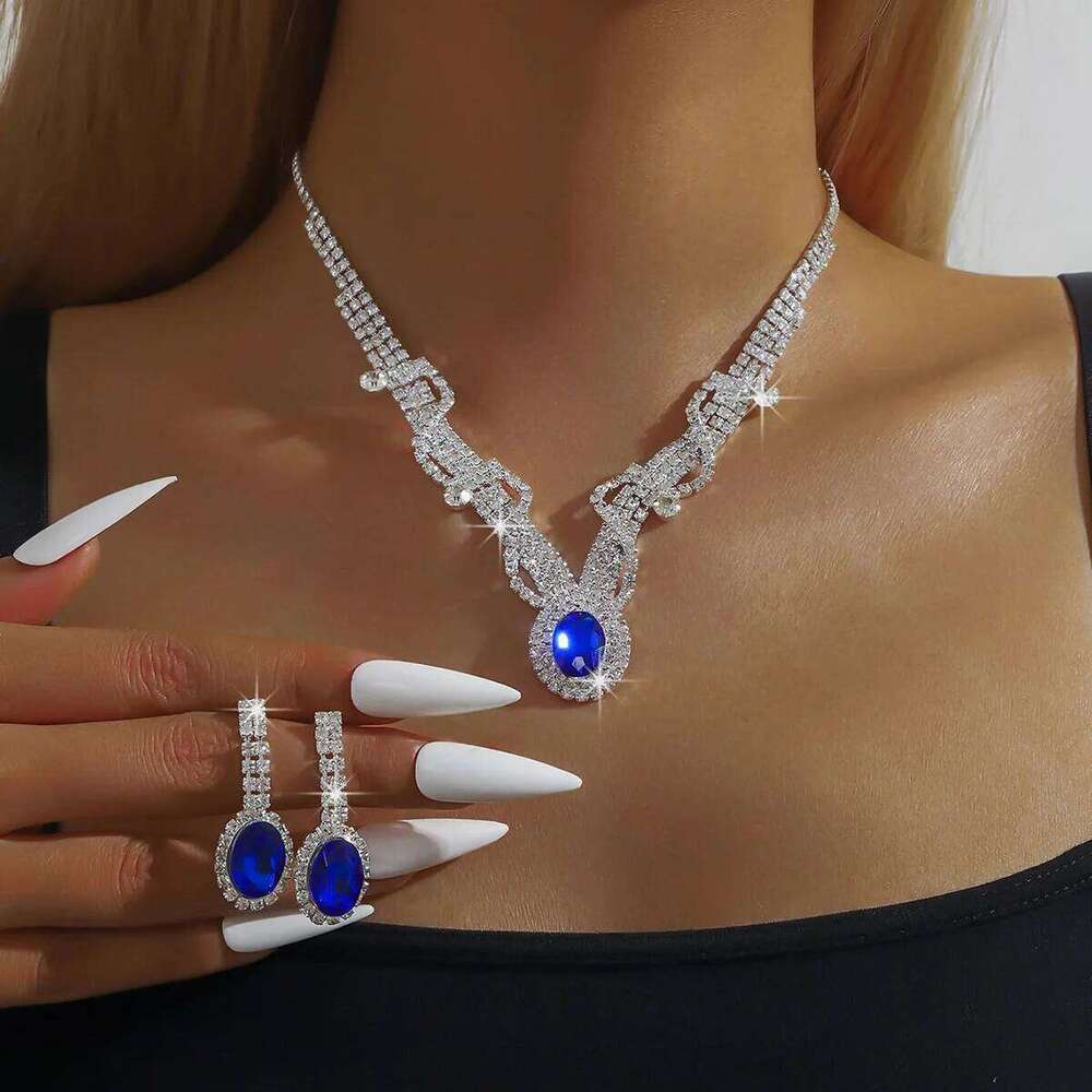 Women's fashionable gorgeous geometric flower round rhinestone set, elegant and high-end jewelry set Z260313