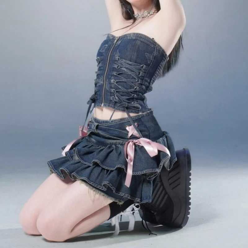 Blue Denim Pleated Skirt Bow Fold Design Womens A-line Short Skirt Built in Shorts American Spicy Korean Fashion Hotsweet M260314