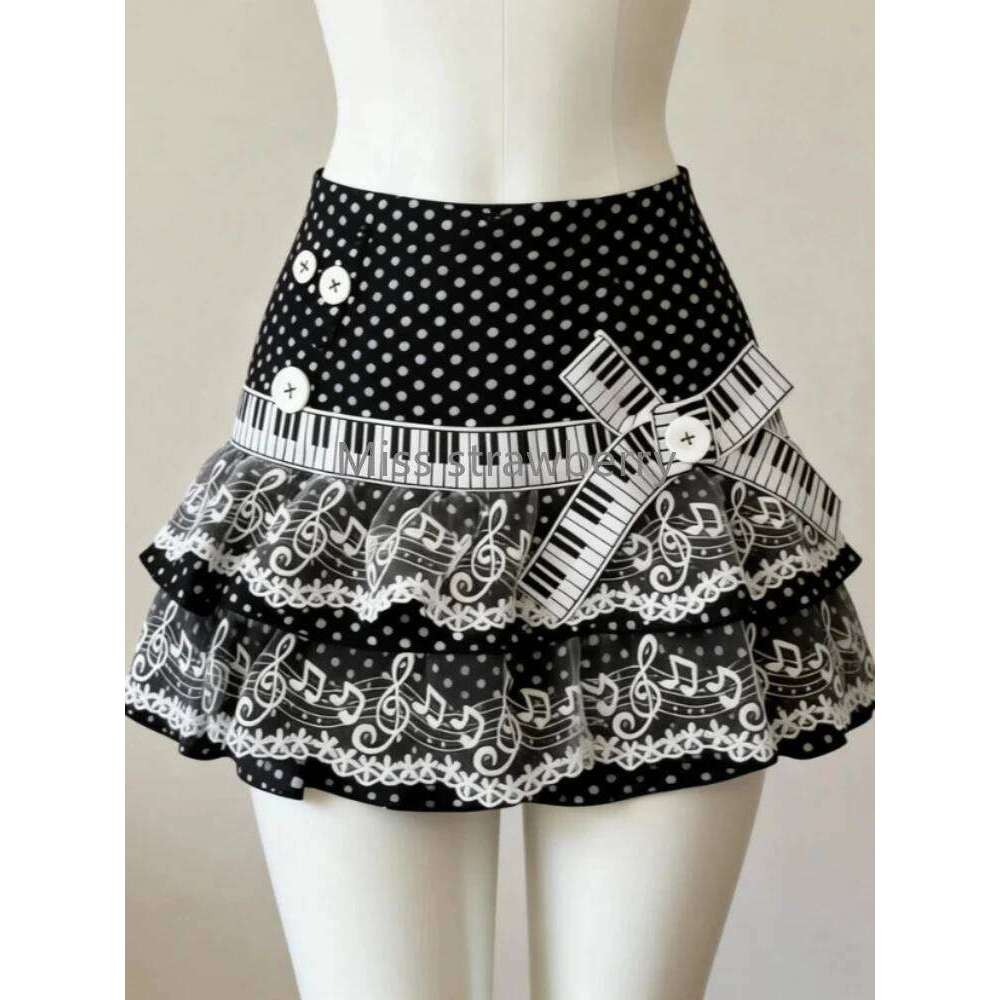 Gothic Aesthetic Hot Girl Slim Polka Dot Note Women Design Y2k Lace Bow A-line Cake Piano Skirts Vintage Embroidery Skirt Z260314