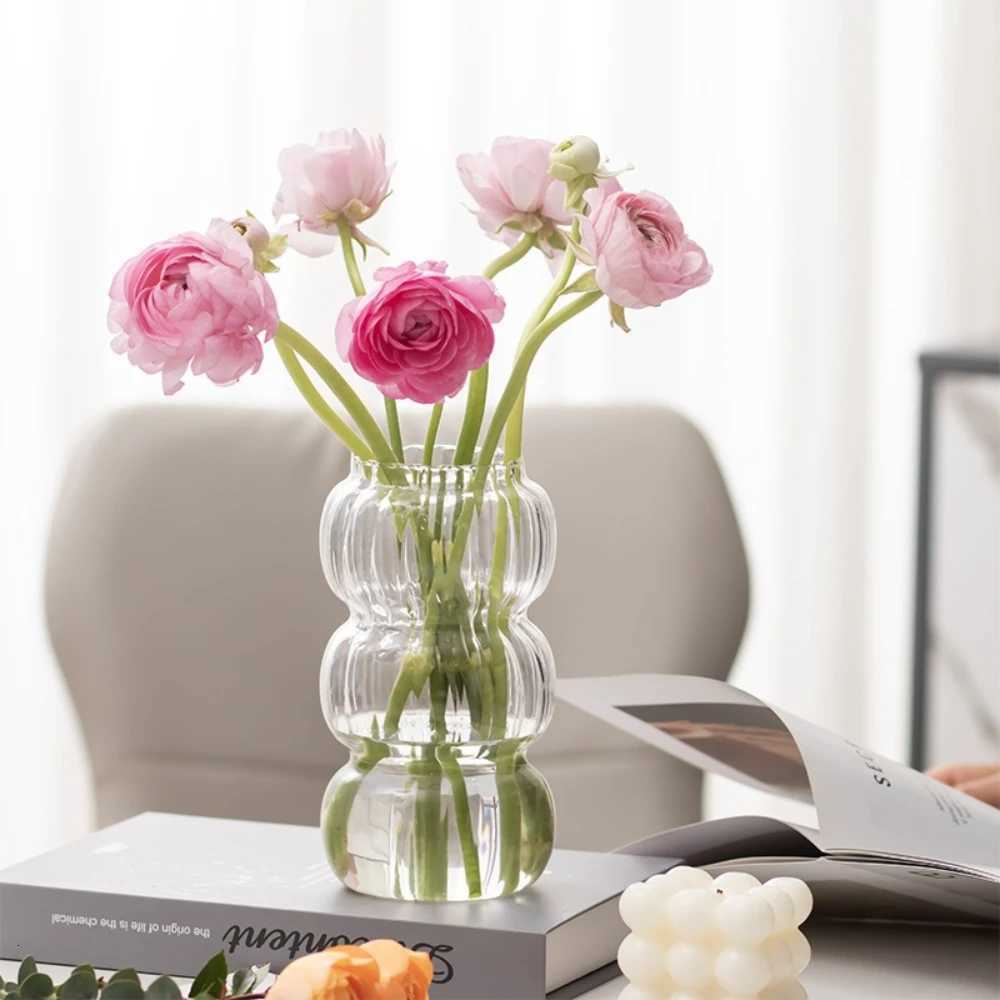 Simple Transparent Glass Vase with Vertical Patterns Office Desktop Surface Green Plants Hydroponic Flower Arrangement Y260314