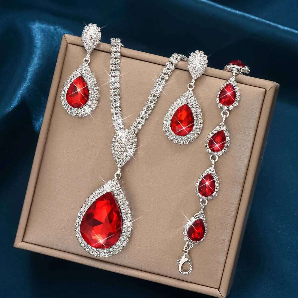 4pcs Elegant Vintage Jewelry Set for Women Blue Water Drop Necklace Shiny Crystal Choker Bridal Wedding Earrings Party Z260313