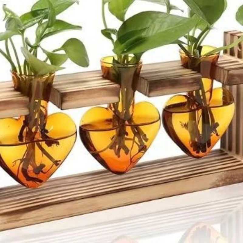 Creative Colorful Heart Shaped Transparent Glass Vase Wooden Frame Hydroponic Vase Container Home Ofice Table Decoration Y260314