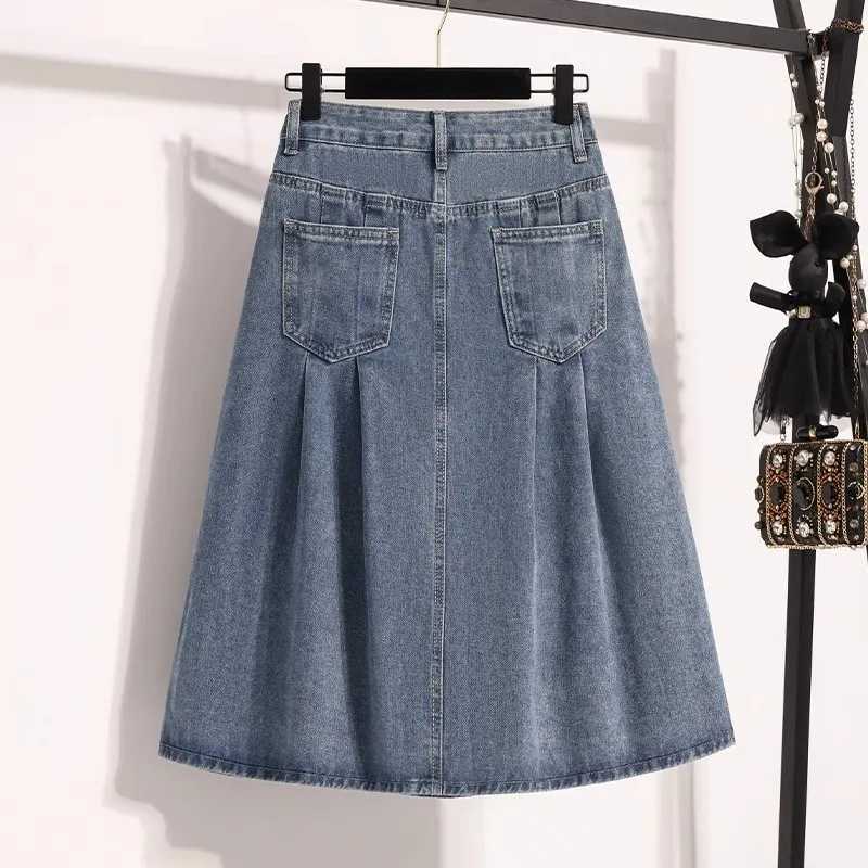 Summer High Waist Women Denim Pleated Skirt Blue Casual A-Line Mid-Length Skirt Versatile Casual Jean Skirts Female M260314