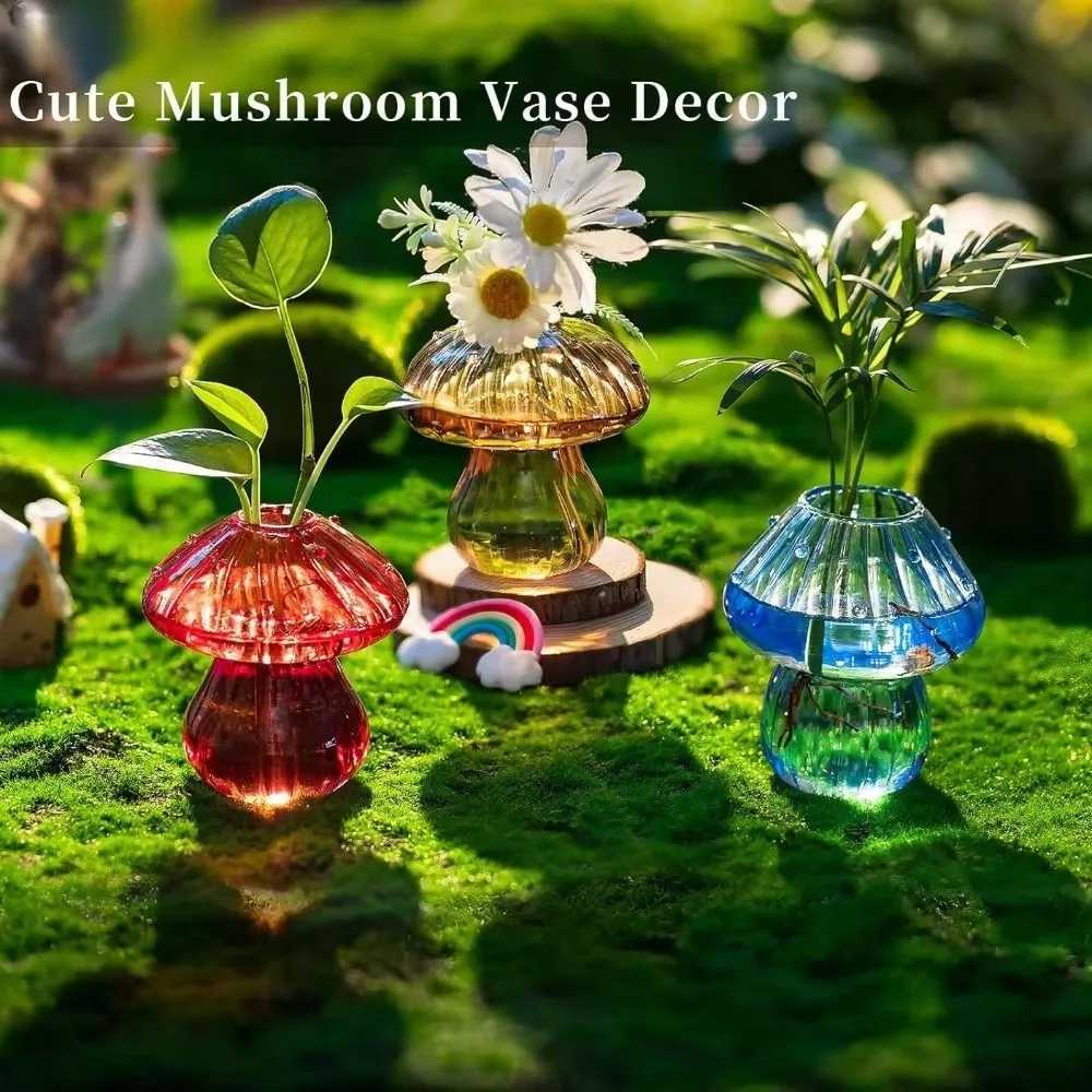 Mushroom Glass Planter Vase with Wooden Base Cute Indoor Greenery Plant Propagation Stations FlowersHydroponics Home Decor Y260314