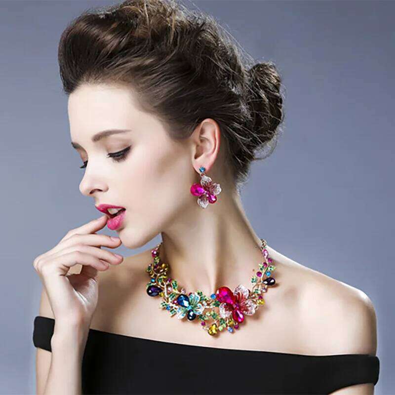 Fashion Bauhinia Flowers Crystal Set Multicolor Earrings with Matching Wedding Necklace Women Jewelry Z260313