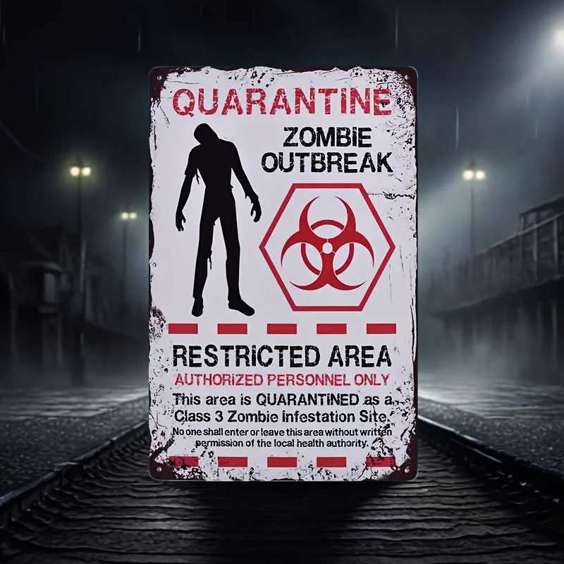 Vintage Quarantine Zombie Outbreak Metal Sign - Rustic Red White Wall Decor with Biohazard Symbol Pre-Drilled for Easy Instal D260314