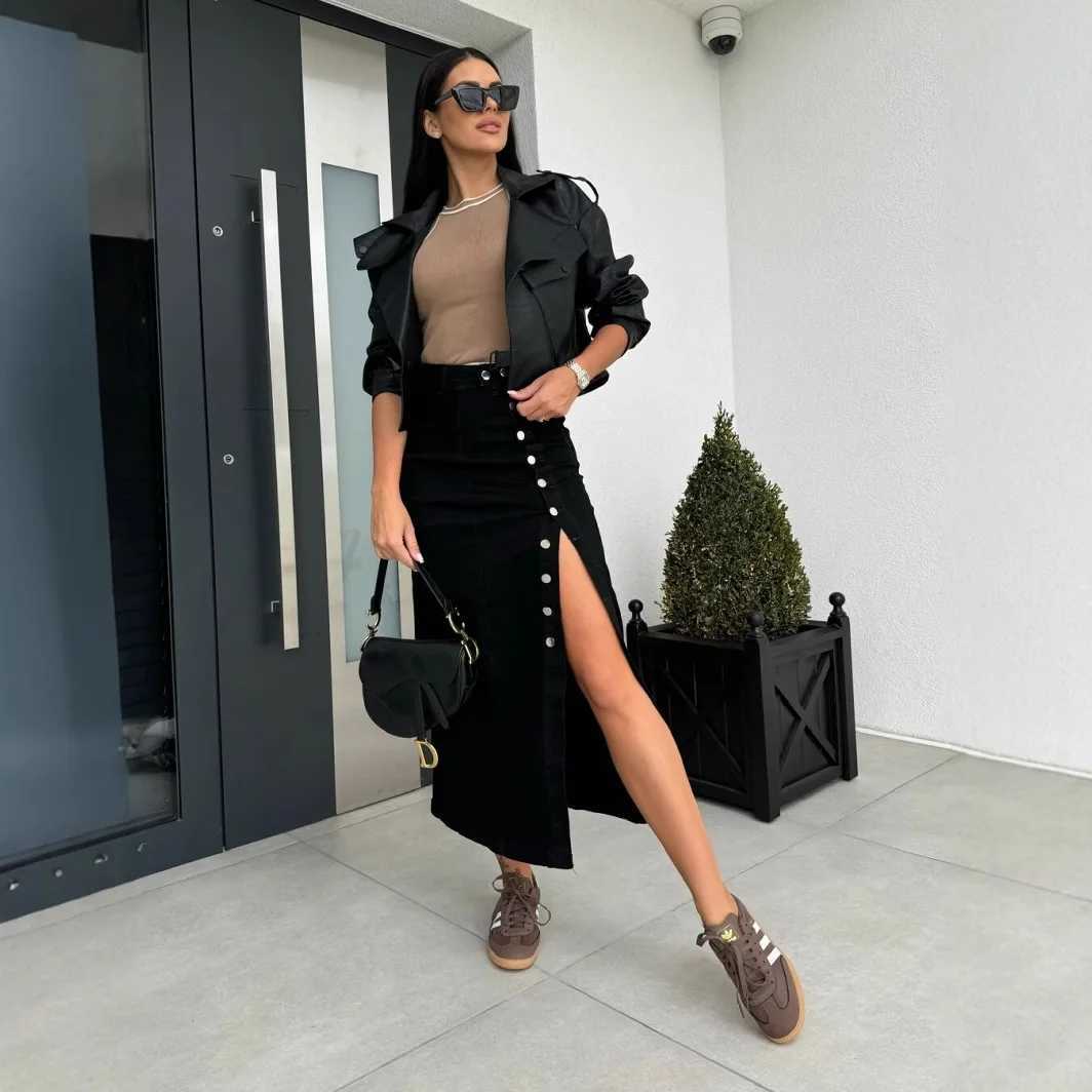 2026 Y2k Skirts Denim Women Long Skirt Single Breasted Irregular Split Stretch High Waist Distressed Washed Summer Streetwear M260314