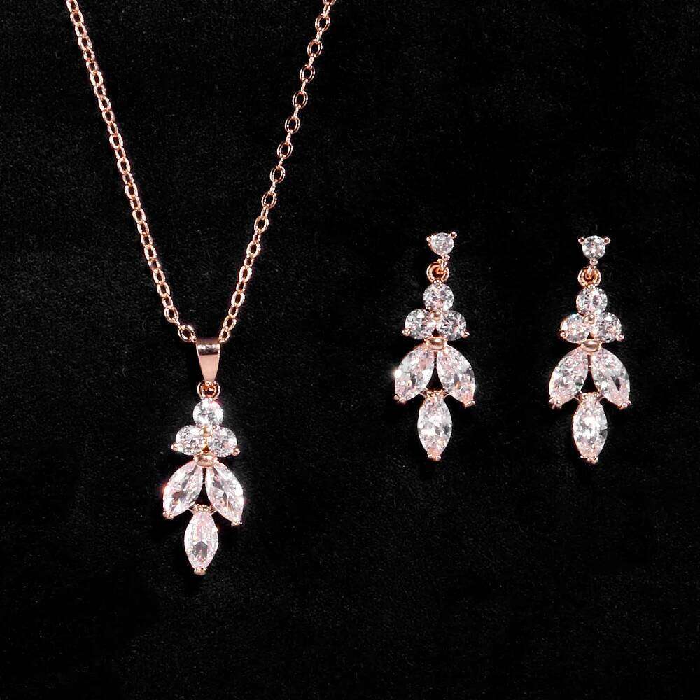 ZAKOL Classic AAA Cubic Zirconia Leaf Dangle Earrings&Necklace Set Sliver/Gold/Rose Gold Color Wedding Party Jewelry Accessories Z260313