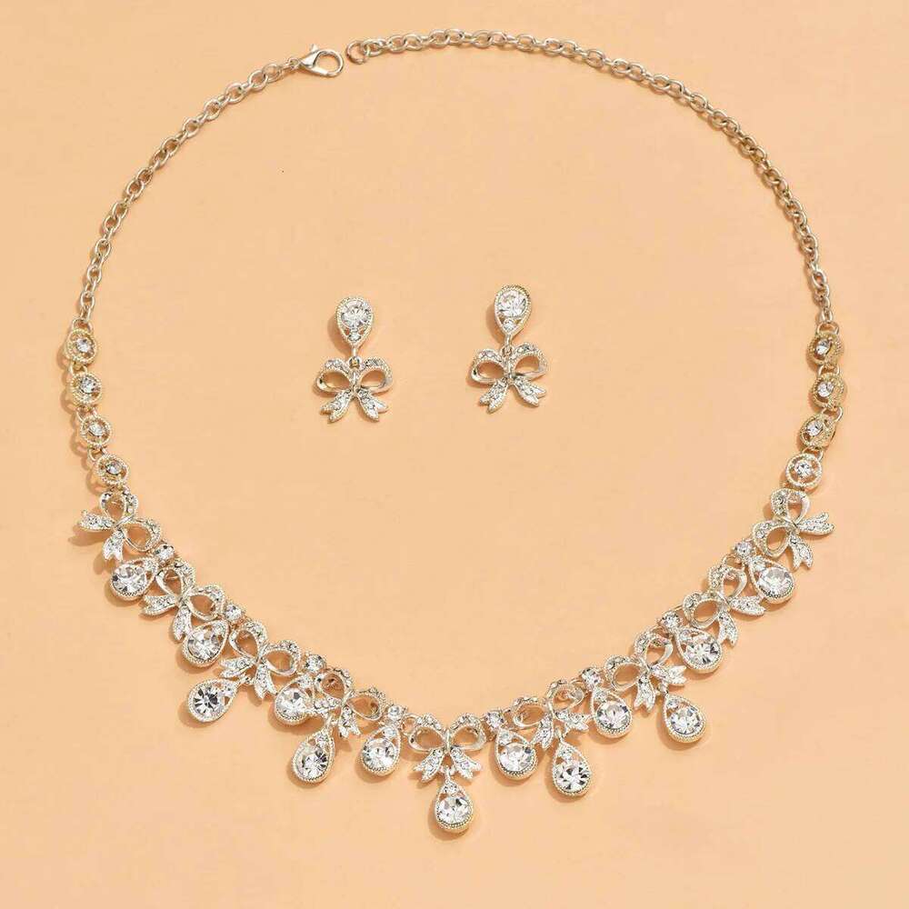 3 pcs women's jewelry set with rhinestones, bow necklaces, earrings, bridal wedding accessories Z260313