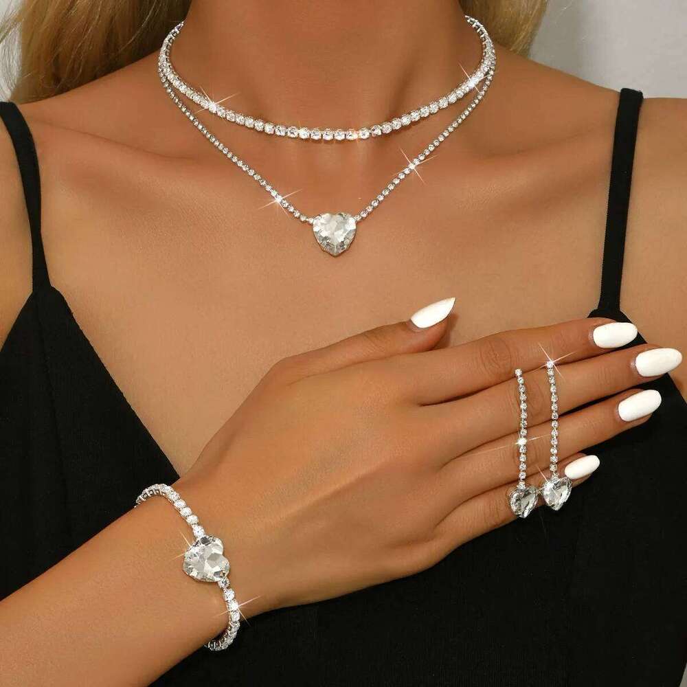 Double Layer Heart Crystal Jewelry Set Necklace+Earrings+Bracelet Shiny for Women Party Wedding Accessories Z260313