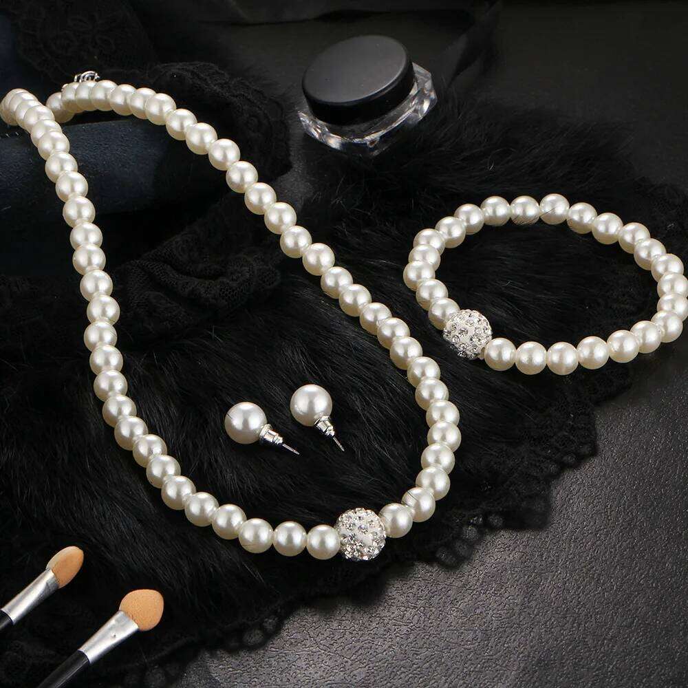 3 PCS Imitation Pearl Fireball Necklace Bracelet Earring Stud Set Silver Color Crystal Stone Elegant Bridal Jewelry Gift Z260313