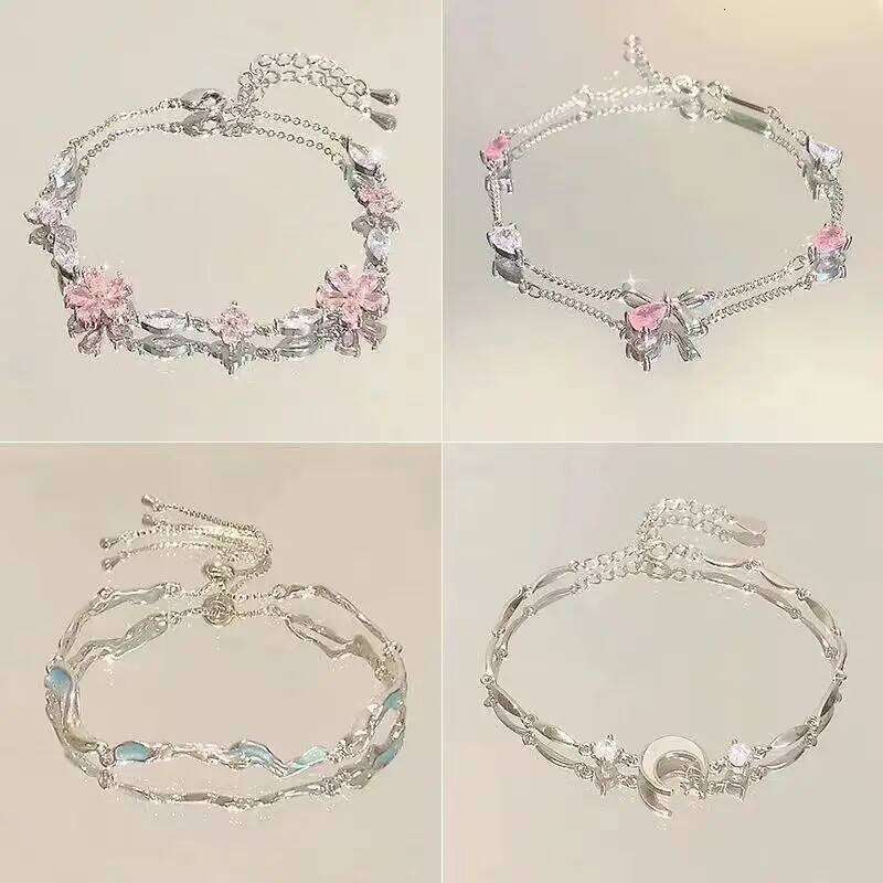 Steel Fun New Women Bracelet Shiny Pink Zircon Butterfly Cherry Blossom Hand Chain for Girls Friendship Gift Y2k Accessories Z260313