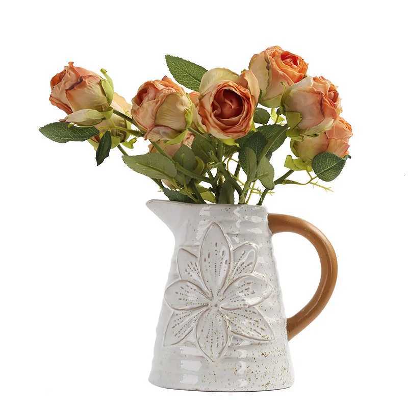 Contrast color with handle ceramic vase American country retro home desktop hydroponic flower decoration Y260314