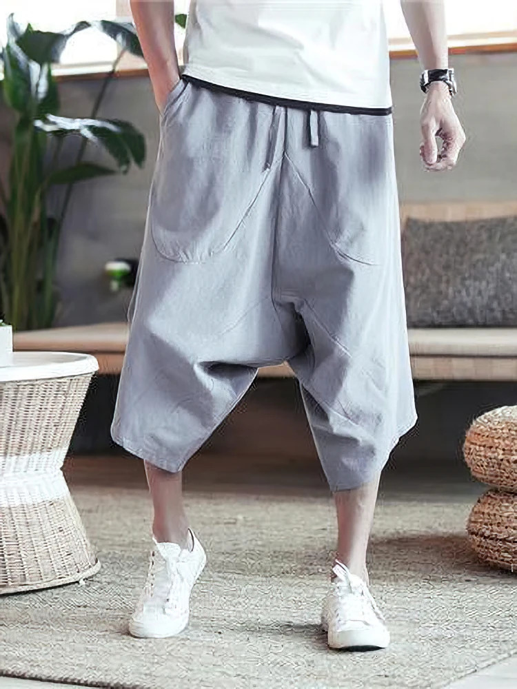 Summer Thin Beach Cotton Linen Casual Shorts Men Japenese Wide Leg Baggy Capris Pants Male Sport Running Shorts 260311