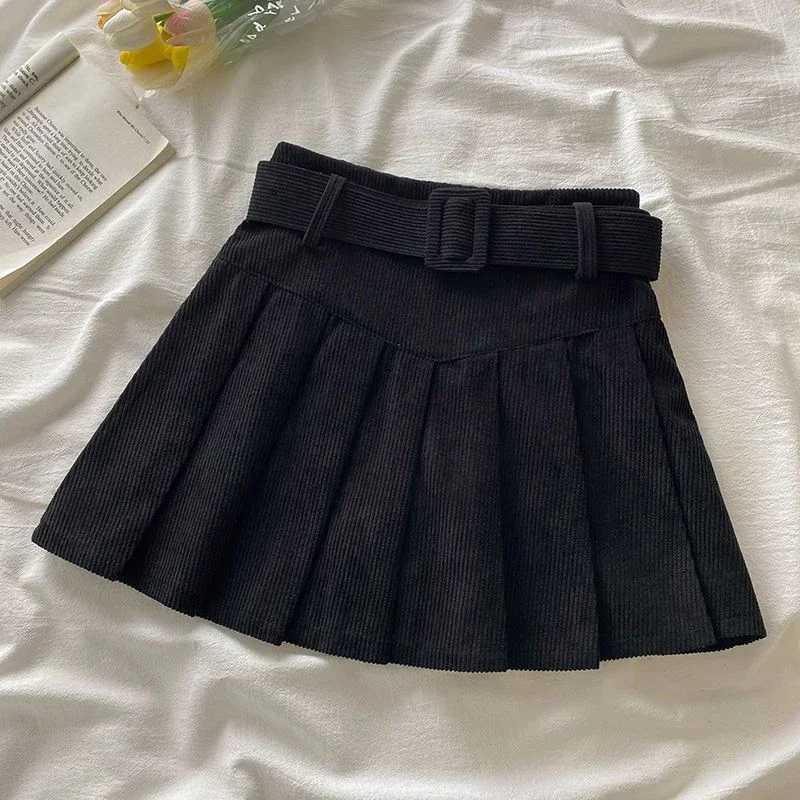Cord Belted Pleated Skirt Texture Corduroy Box Pleat Mini Skirt wiTH Belt Women Teen Academy School Autumn Winter Outfit M260314