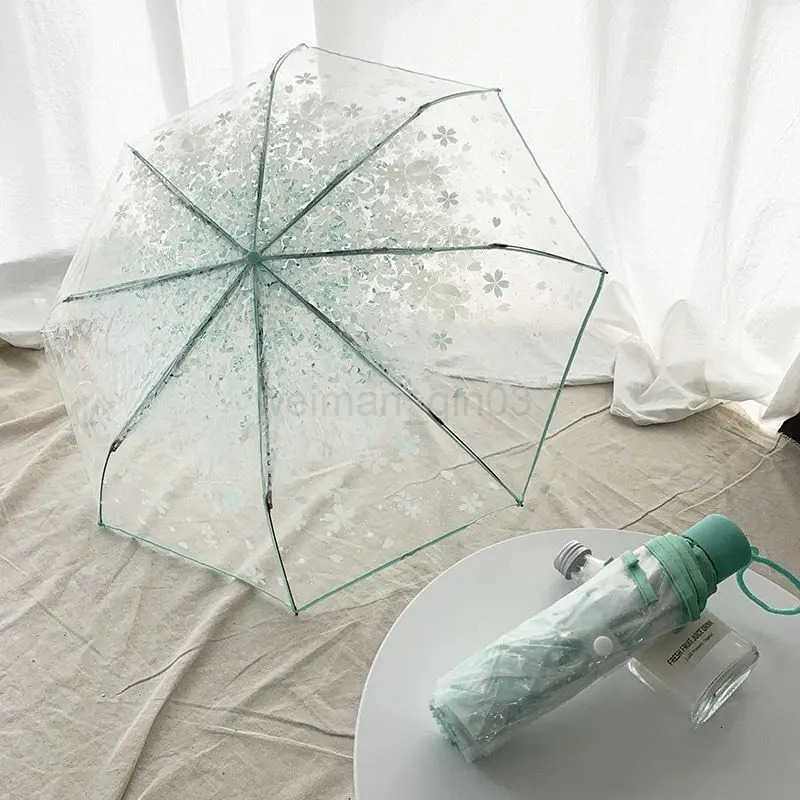 Korean Umbrella Folding Cute Korean Mini Fresh Simple Sen Series Trifold Japanese Cherry Blossom Transparent Umbrella H260314