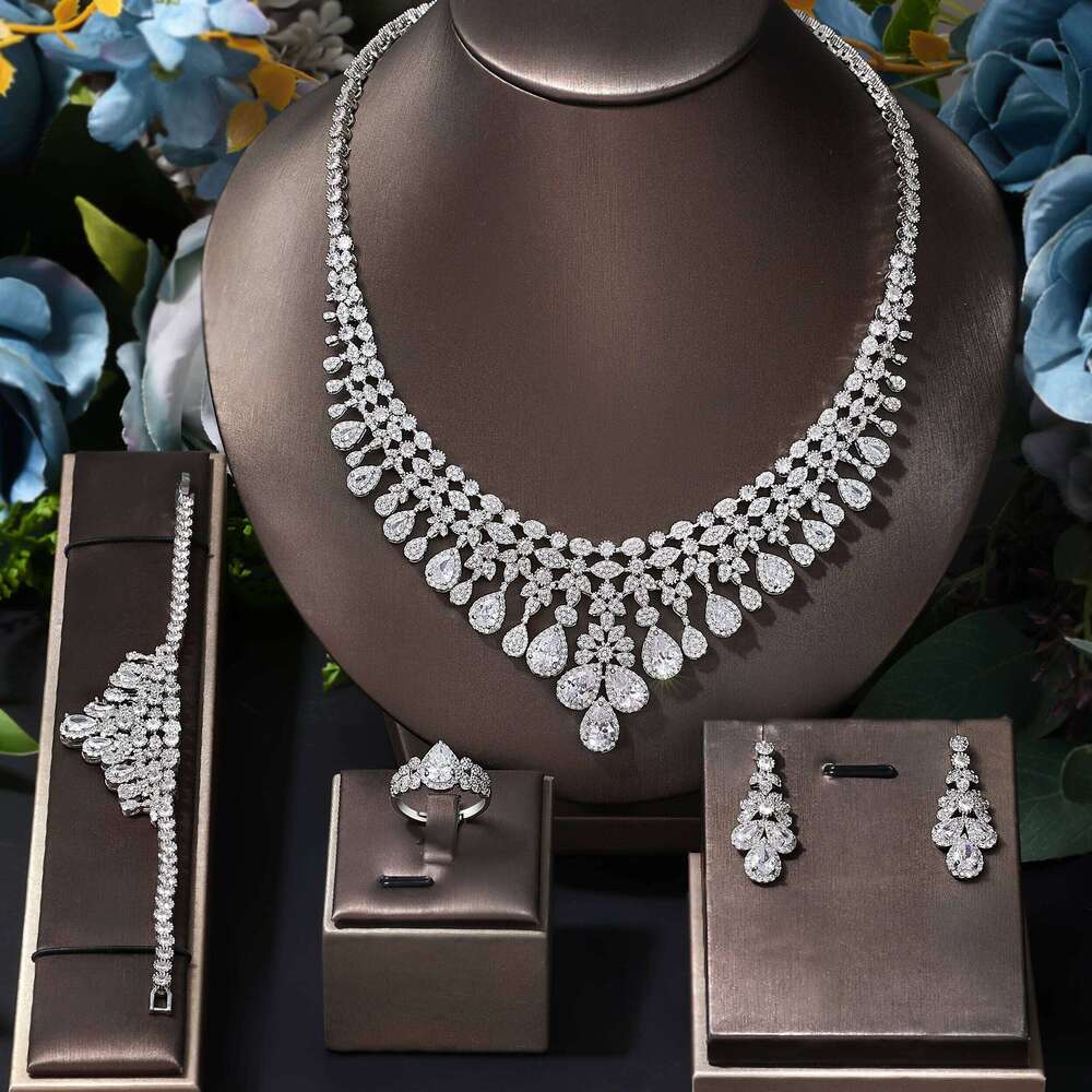 2025 Zircon Super Deluxe Tassel Water Drop Big Wedding Bridal Necklace Earrings 4 Pieces Nigerian Dubai Women's Jewelry Set Z260313