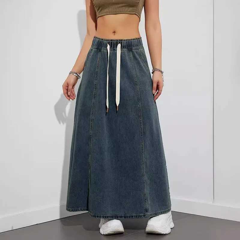 DongCMY Womens Denim Long Skirts Elastic Waist Loose Solid Color High Waist Big Skirt Denim Skirt Women Casual Dress Streetwear M260314