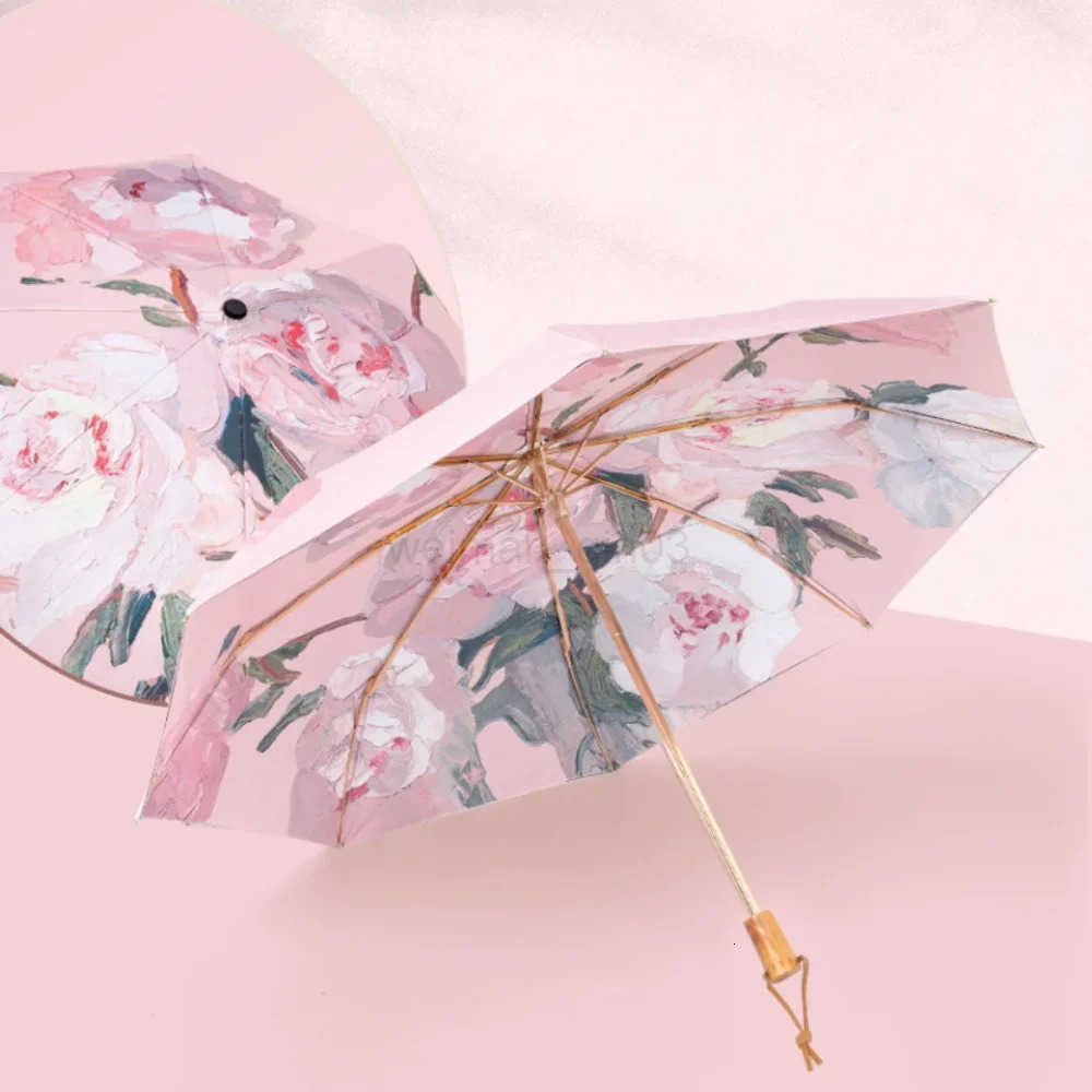Double Layer Umbrella Wood Handle Vintage Floral Three Fold Umbrellas Foldable Uv Protection Sunshade Sun Protection Umbrellas H260314