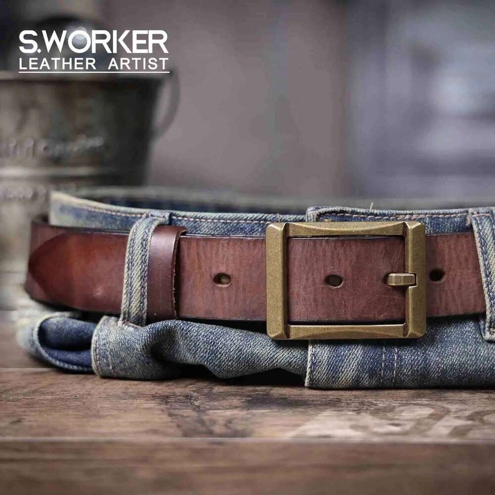 Vintage Genuine Leather Men's Solid Brass Buckle, Casual Pin Buckle Belt With Gift Box, Thickened Italian Cowhide Z260226