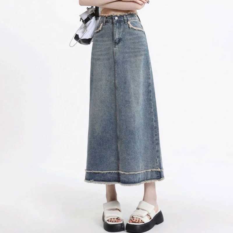 Summer Female Chic Raw Edge Thin Jeans Skirt Lady Retro Blue Mid-Long Dress Women Trendy Solid High Waist Denim Skirt M260314