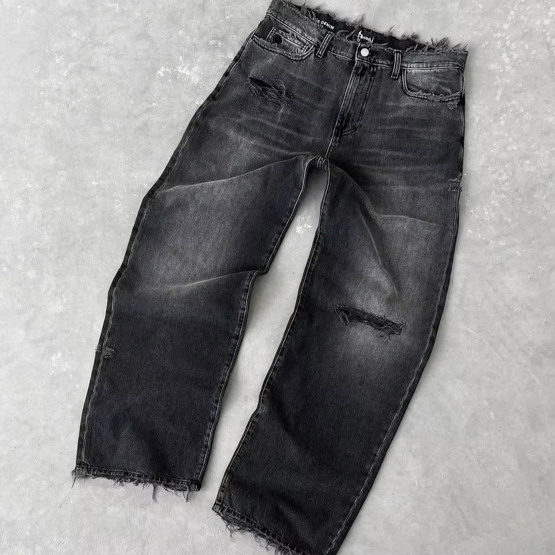 Straight Jeans Distressed Men Jean Ripped Holes Washed Denim Pants Ankle Length Loose Solid Zipper Fly Pockets Casual