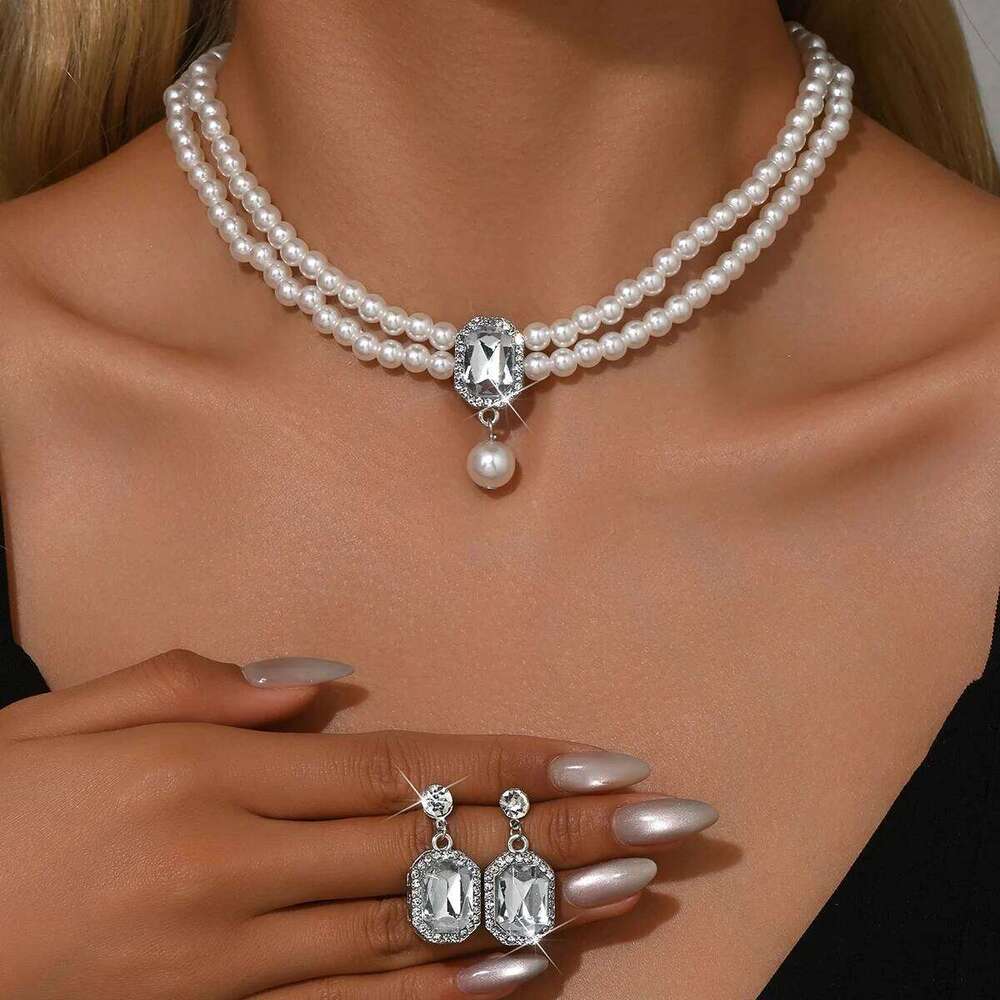 Fashionable double-layer pearl super sparkling geometric set, elegant and high-end jewelry set for women Z260313
