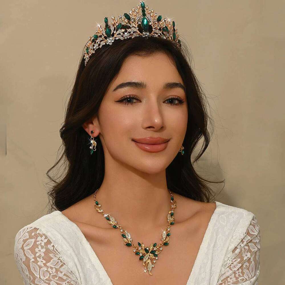 Ladies' Fashion Leaf Water Drop Flower Forest Elegant Crown Necklace Earrings Jewelry Set Z260313