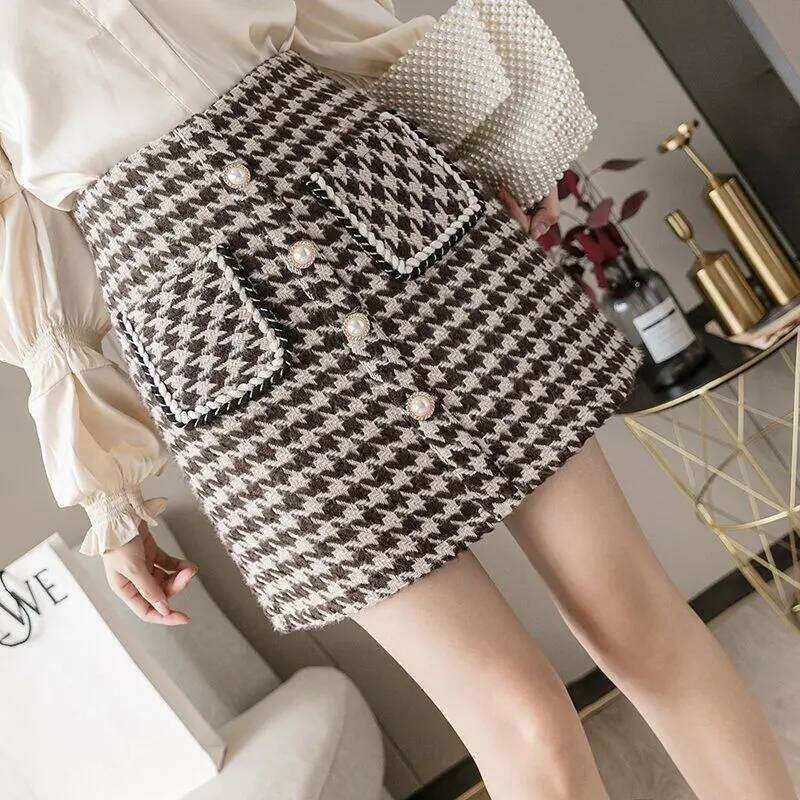 2025 New Wool Houndstooth Short for Women in Autumn Winter High-waisted Slim and Versatile A-line Hip-pack Skirt Z260314