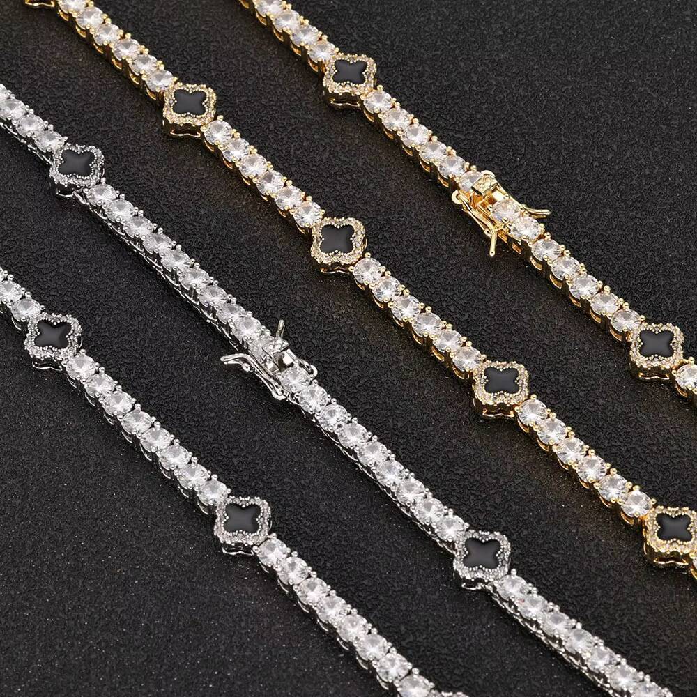 NUOYA Luxury Hip Hop Tennis Chain Bracelet Iced Out VVS Moissanite S925 Silver Four-Leaf Clover Tennis Chain Gift for Men Women
