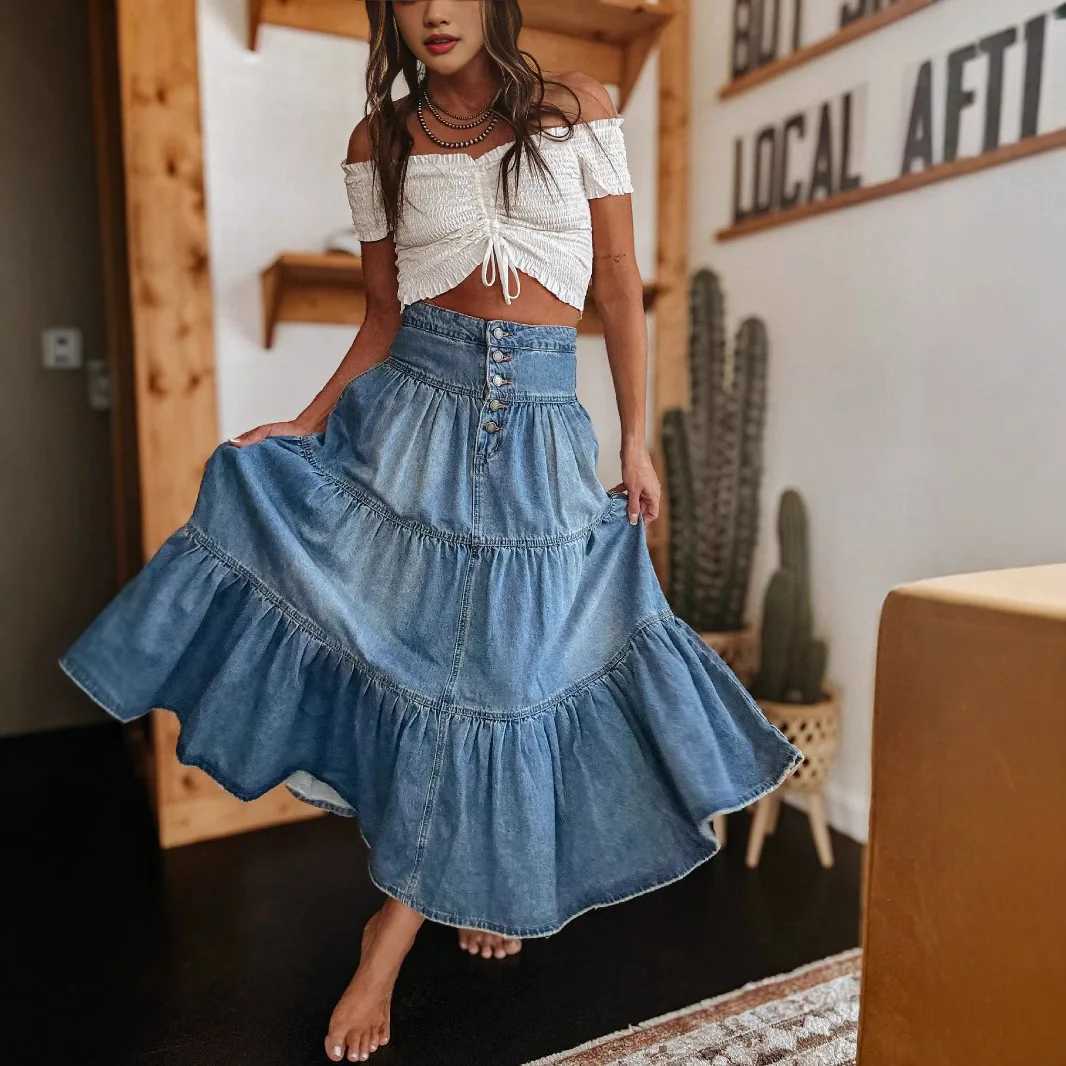 Bohemian Style Cowboy Skirt Women Personalized Street Fashion A-line Tiered Cake Denim Skirts All-match Commuting Clothing New M260314