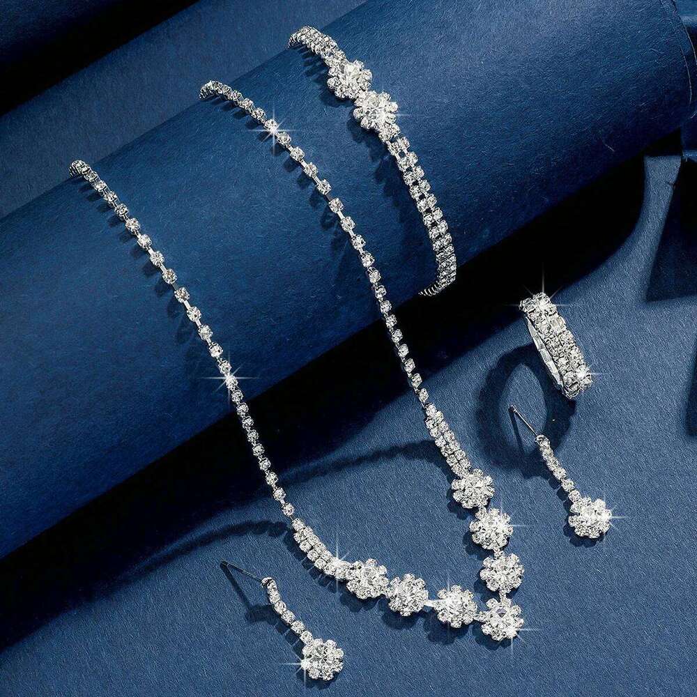 Floral Crystal Jewelry Set Necklace Earrings Bracelet Stretch Ring Flower Pendant Silver-Plated Bridal Accessories for Wedding Z260313