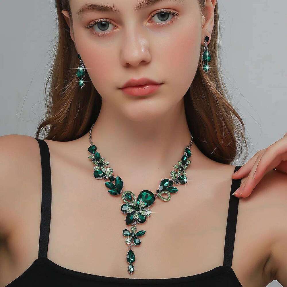 Elegant Blue Crystal Flower Statement Set for Women - Fashion Party Choker Necklace with Earrings 2025 New Arrival Z260313
