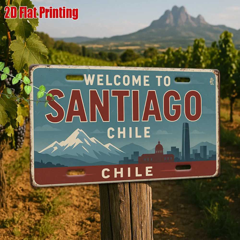 Welcome to Santiago Chile 2D Flat Printing License Plate Style Metal Tin Sign Andean Mountain Cityscape Themed Decorative Alumi D260314