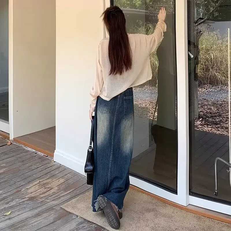 2024 Summer New A- line Denim Skirt High-waisted Vintage Design Sensibility Womens Long Dress Fringe Bagging Style M260314