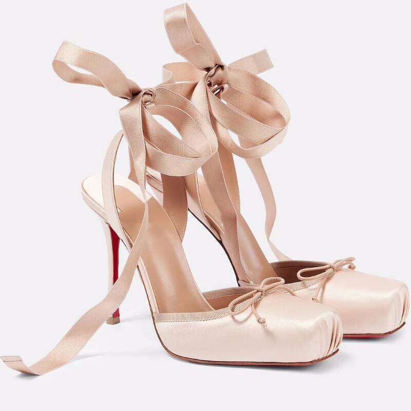 Luxury Brand Ballet Women Ankle Strap Satin Square Toe Dress Shoes Hollow Fashion Elegant High Heels Sandals Ladies Pumps