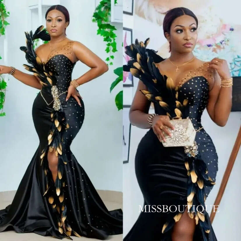 African Prom Dresses Plus Size Mermaid Evening Gown: Elegant Feather Embellished Formal Dress With High Split For Special Occasions N12 B0314