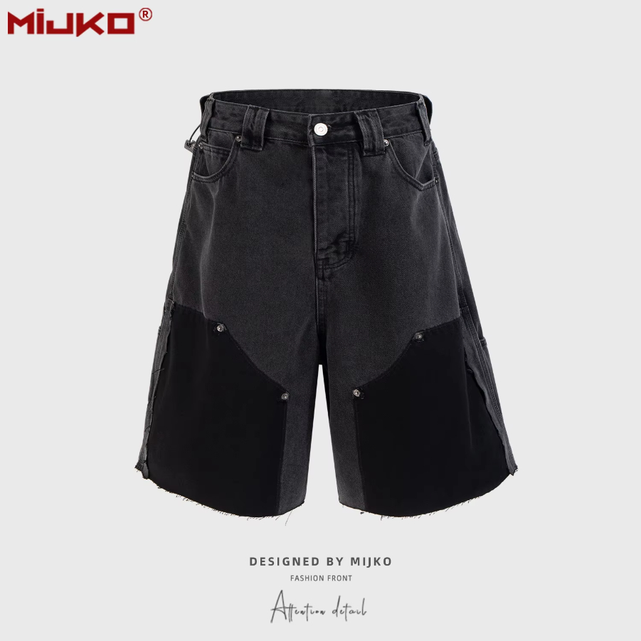 MIJKO Washed Logger Shorts Unisex Cat Whisker Fuzzy Edge Cuff Design Spliced Black TJ170