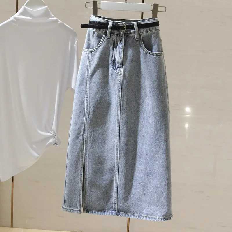 Versatile Chic Light Blue High Waist Denim Skirt Women Midi A-Line Bodycon Slit Slim Fit Stretch Cotton Casual Elegant New Style M260314