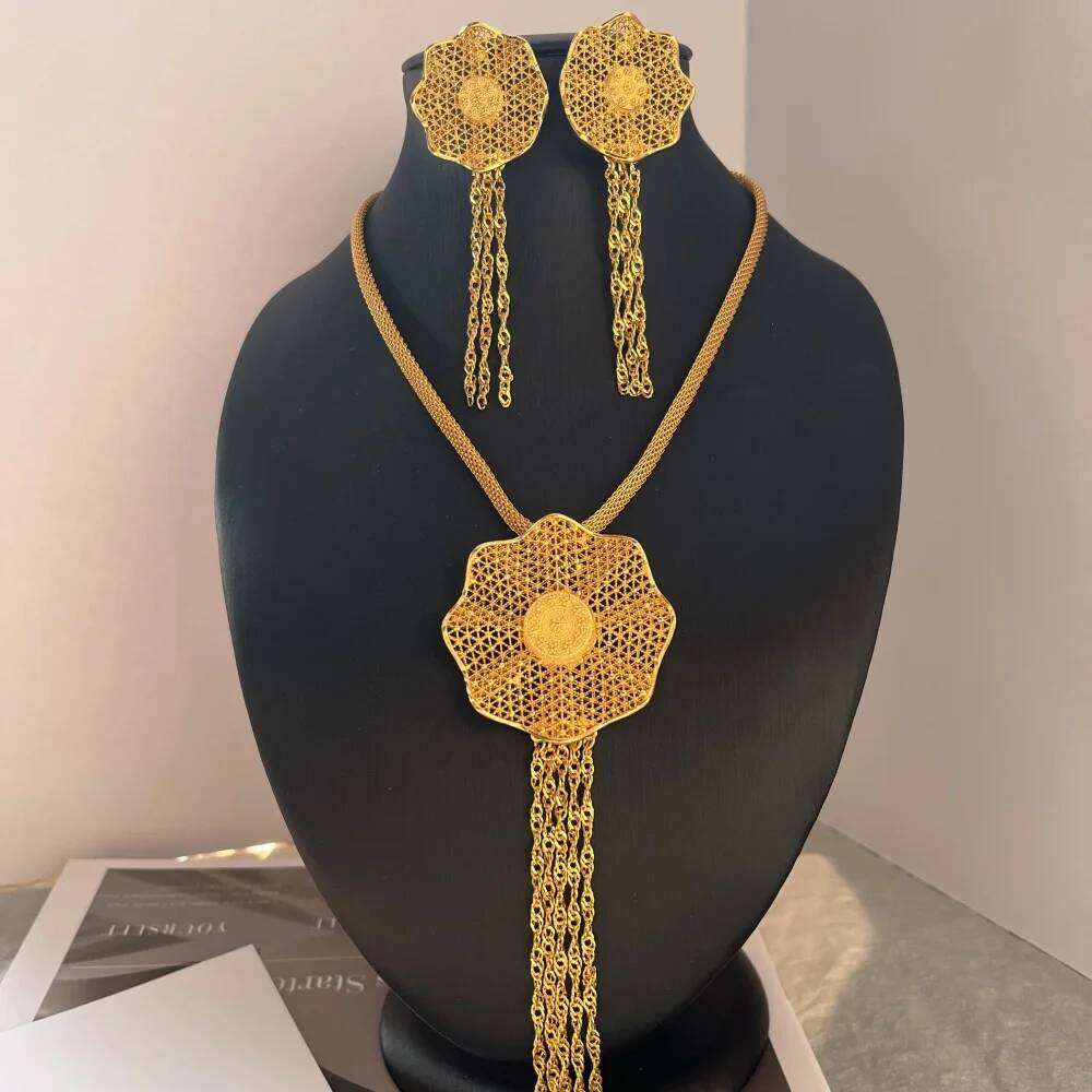 Dubai 24K Gold Color Long Jewelry Sets Wedding African Necklace Earrings For Women Nigerian Indian Bridal Set Party Gifts Z260313