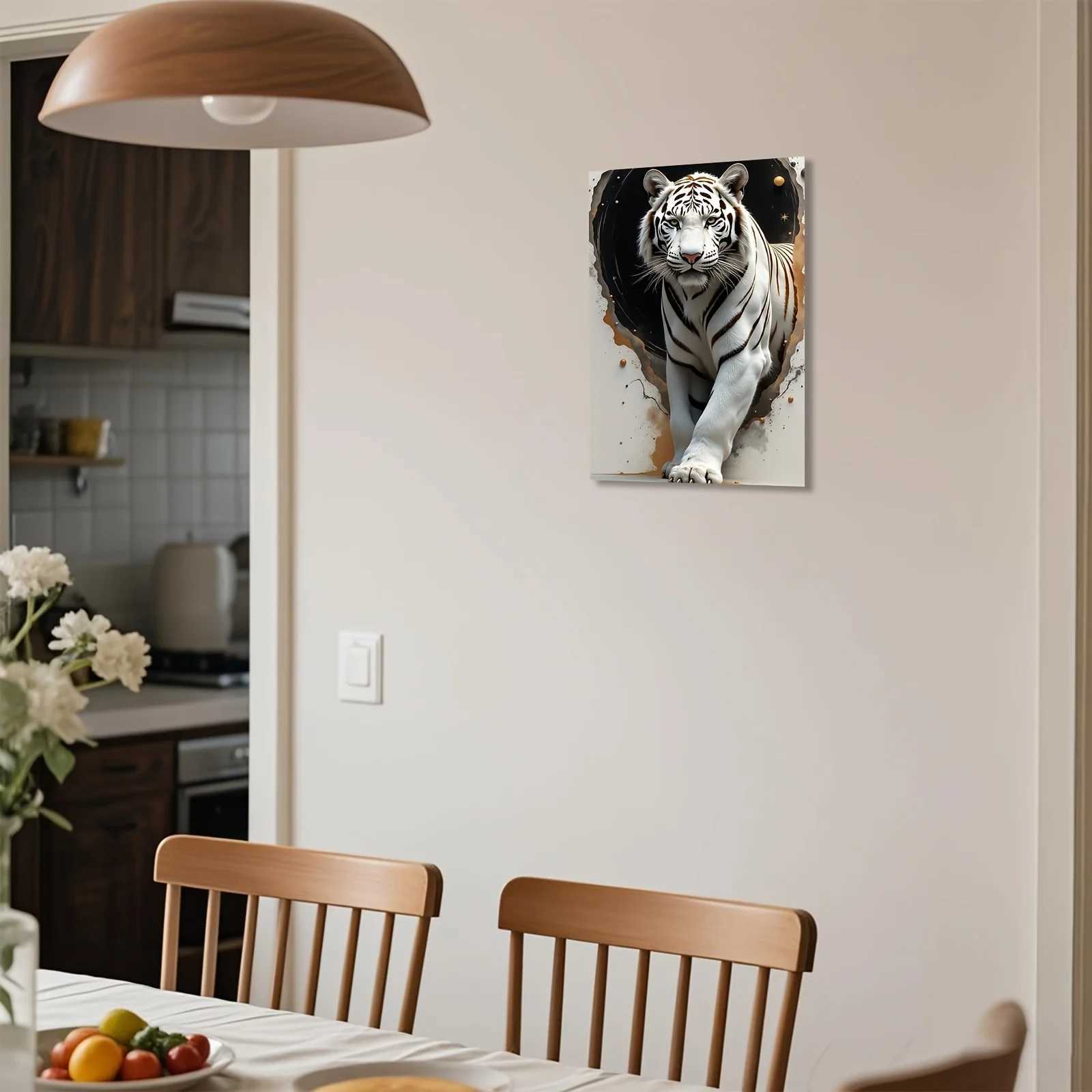 White Tiger with Cosmic Background Canvas Print 3D Illusion Art Bold Animal Design Frameless for Home Office Decor D260314