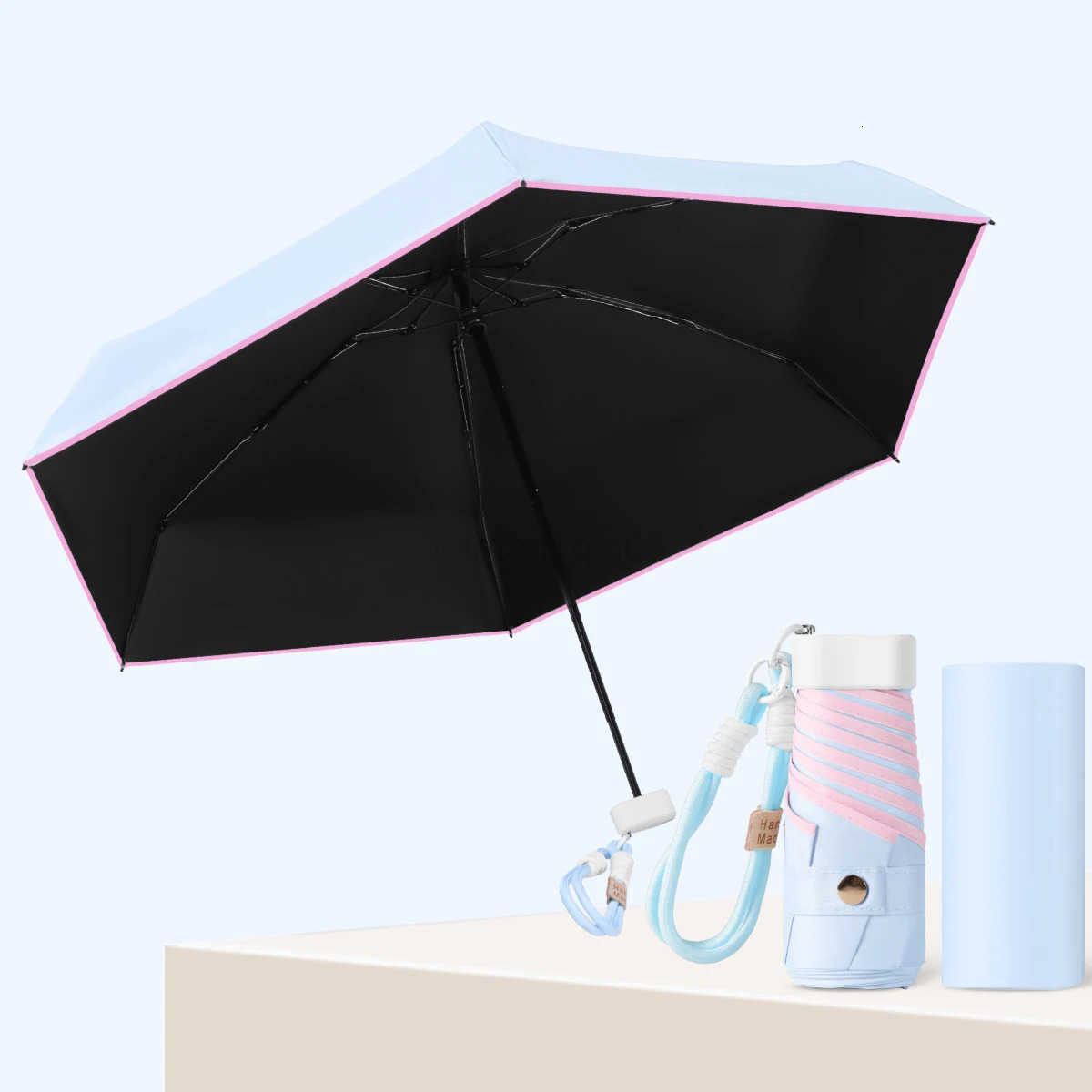 Ultra light color rope flat five fold umbrella compact and portable sun umbrella black rubber sun protection UV protection H260314