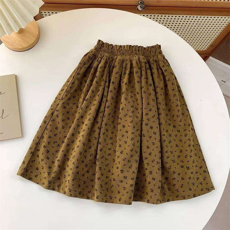 2025 Autumn New Girls' Vintage Floral Peplum Skirt French Bohemian Style Deep Caramel Z260314